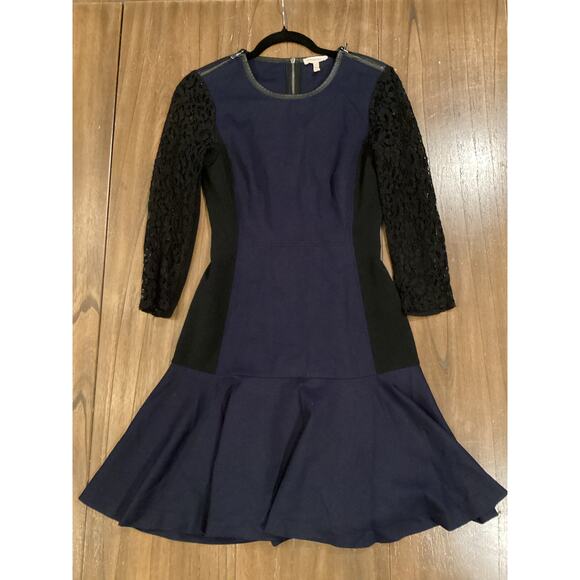 Rebecca Taylor 2 tone black blue drop waist flare zipper and lace mini dress 4 - Picture 2 of 14